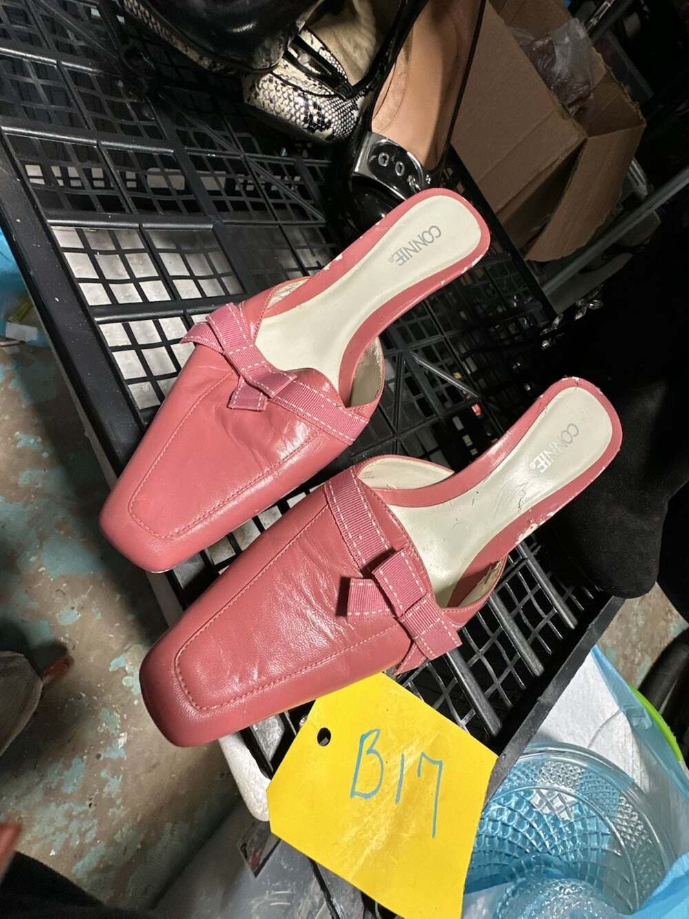 Connie Pink Leather Bow Kitten Heel Mules Size 9M